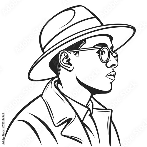 Stylized black and white illustration of a man wearing a fedora hat and round glasses looking to the side with a serious expression