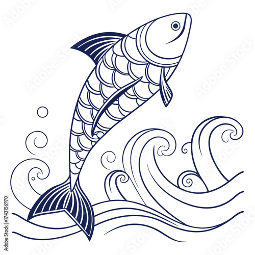Stylized blue line art illustration of a fish leaping from stylized ocean waves and bubbles on a white background