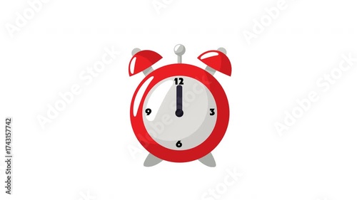 Animated red alarm clock shows twelve o'clock.  ideal for use in concepts related to time management, urgency, appointments, deadline, start time, or countdown. Alpha Channel. 4K video