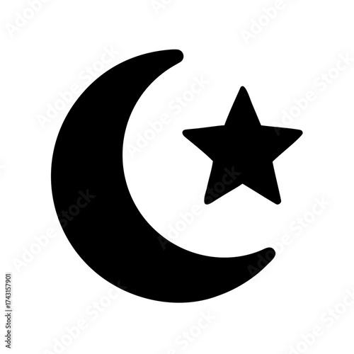 Moon and star. Black icon of moon for night. Pictogram of crescent and star. Logo for sleep and baby. Celestial symbol isolated on white background. Illustration for goodnight and ramadan. Vector.


