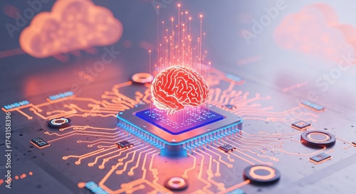 Advanced AI brain powering digital circuits and cloud data streams
