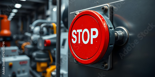Red emergency stop button on industrial machinery. Urgent safety control for factory operations, automation equipment. Immediate shutdown alert for production lines, workplace caution, mechanical
