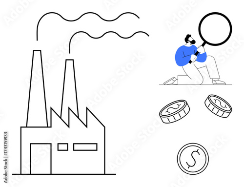 Factory with chimneys emitting smoke, person analyzing with magnifying glass, scattered coins. Ideal for industry, finance, economics, analysis, sustainability responsibility business. Simple flat