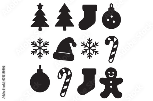 Festive Christmas Icon Collection Featuring Holiday Trees, Sweet Treats, and Playful Accents for Joyful Season Decorations
