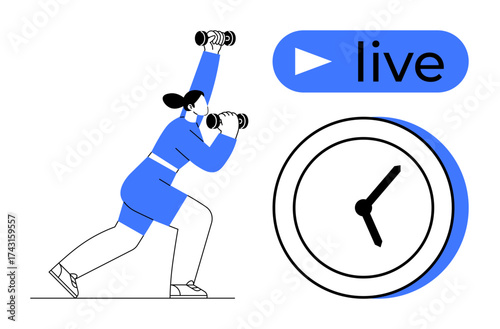 Woman lifts dumbbells during virtual fitness class, time and live streaming elements on display. Ideal for fitness, online training, motivation, health, live workouts, time management, digital