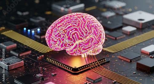 AI brain connects to computer chip circuitry for futuristic technology concept