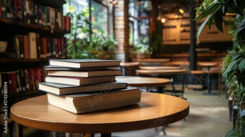 Stack of books on table in cozy library cafe