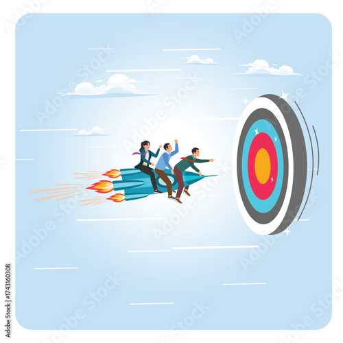 Leadership to lead team concept. Businessmen ride rockets to hit the target on target