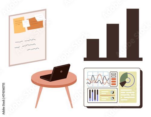 Laptop on round table, bar chart, analytics dashboard, planning board with sticky notes. Ideal for business growth, data analysis, planning, collaboration, strategy productivity organization