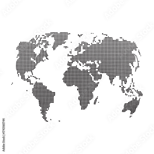 Halftone world map with dot pattern, dotted globe continents graphic, black and white Earth planet, global geography elements, digital simple travel infographics. Vector isolated concept