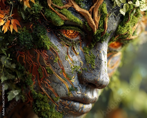 Eco-revolution human face with green circuitry veins and burnt orange plant fusion