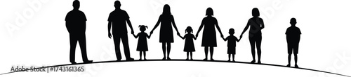 Silhouette of large family standing together on curved ground holding hands, symbolizing unity, love, connection, support, and community relationship