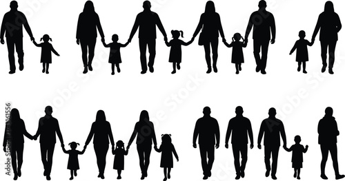 Silhouette of parents and children holding hands, walking together family vector illustration showing love, unity, care, happiness, and togetherness