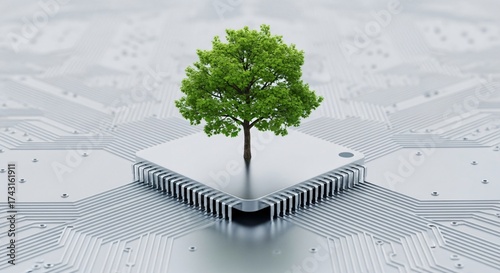 Green tree grows on computer chip symbolizing eco-friendly technology