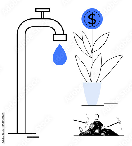 Faucet with water drop flowing onto a plant growing money symbol, mining tools breaking currency. Ideal for investment, sustainability, growth, financial planning, resource management, innovation