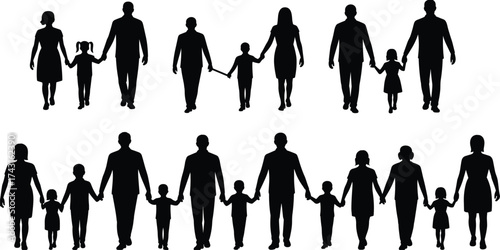 Silhouette of parents and children walking together, family unity illustration showing love, care, connection, relationship, parenting, and togetherness concept