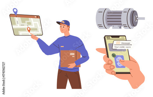 Delivery worker pointing at a digital map, holding a package, smartphone showing verification screen, and an industrial motor in view. Ideal for logistics, courier, mobile app, delivery, technology