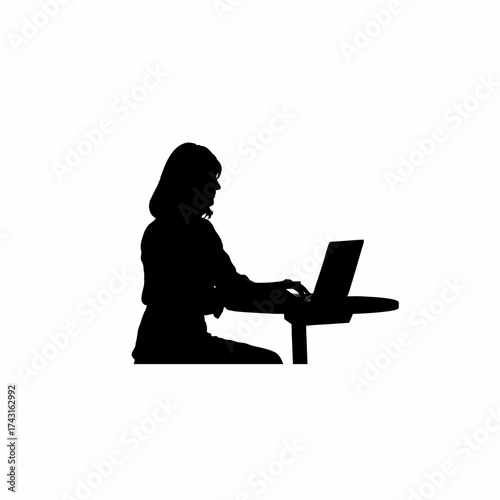 Silhouette of a woman working remotely from a caf isolated on white background