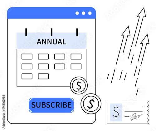 Annual calendar interface with subscribe button, payment coins, receipt, and upward trend arrows. Ideal for marketing, e-commerce, business growth, subscription models, financial planning payment