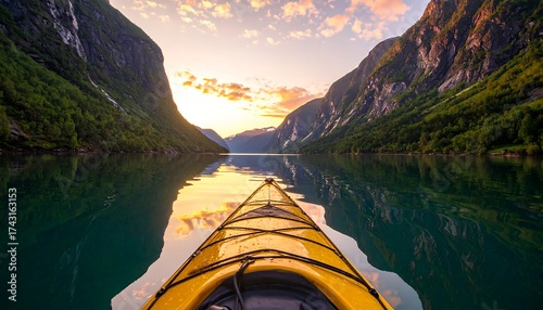 Kayak on calm water between towering mountains