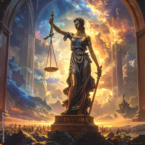 Lady Justice statue, scales, sword, golden, with epic sunset background