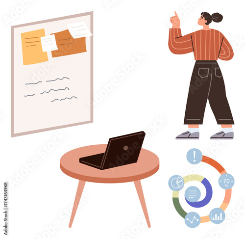 Woman pointing at board with notes, laptop on wooden table, infographic with circular data elements. Ideal for teamwork, planning, education, business strategy, communication, collaboration creative