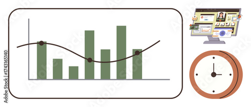 Bar graph with trendline, digital workspace with website elements, and analog clock. Ideal for data analysis, online tools, productivity, time management, workflow, monitoring report visualization