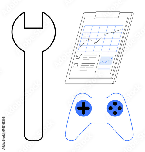 Wrench, game controller, and clipboard with statistical charts emphasize tools, efficiency, and results. Ideal for technology, productivity, gaming, development solutions data analysis