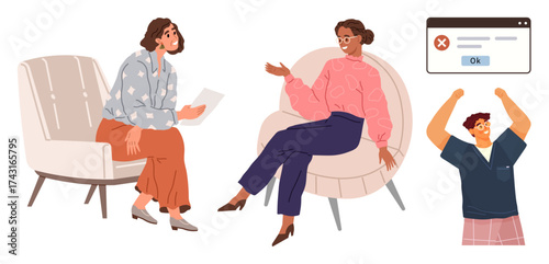 Two women engage in a discussion while seated on chairs, man celebrates with raised arms, and a pop-up error window appears. Ideal for communication, teamwork, error handling, advice, achievement