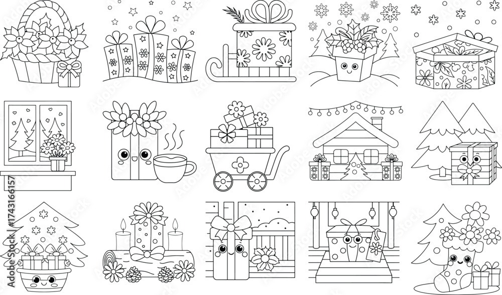 Obraz premium Festive Christmas and holiday gift illustrations with charming characters present