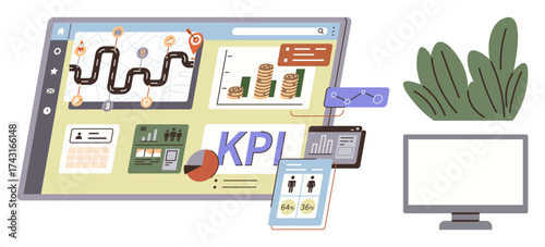 Analytical dashboard displaying roadmap, graphs, charts, KPI metrics, and data insights. Ideal for business strategy, goal tracking, project management, data analysis planning reporting simple