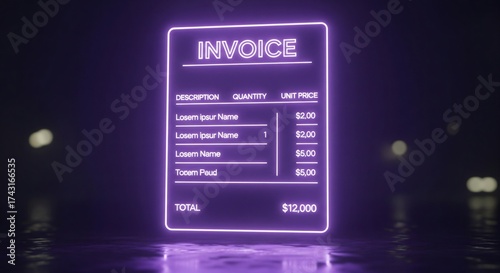 Glowing neon Invoice form on dark background shows total cost
