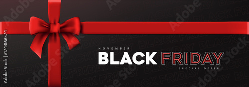 Modern black friday sale banner with red ribbon bow and luxury dark background perfect for holiday promotion and shopping advertisement