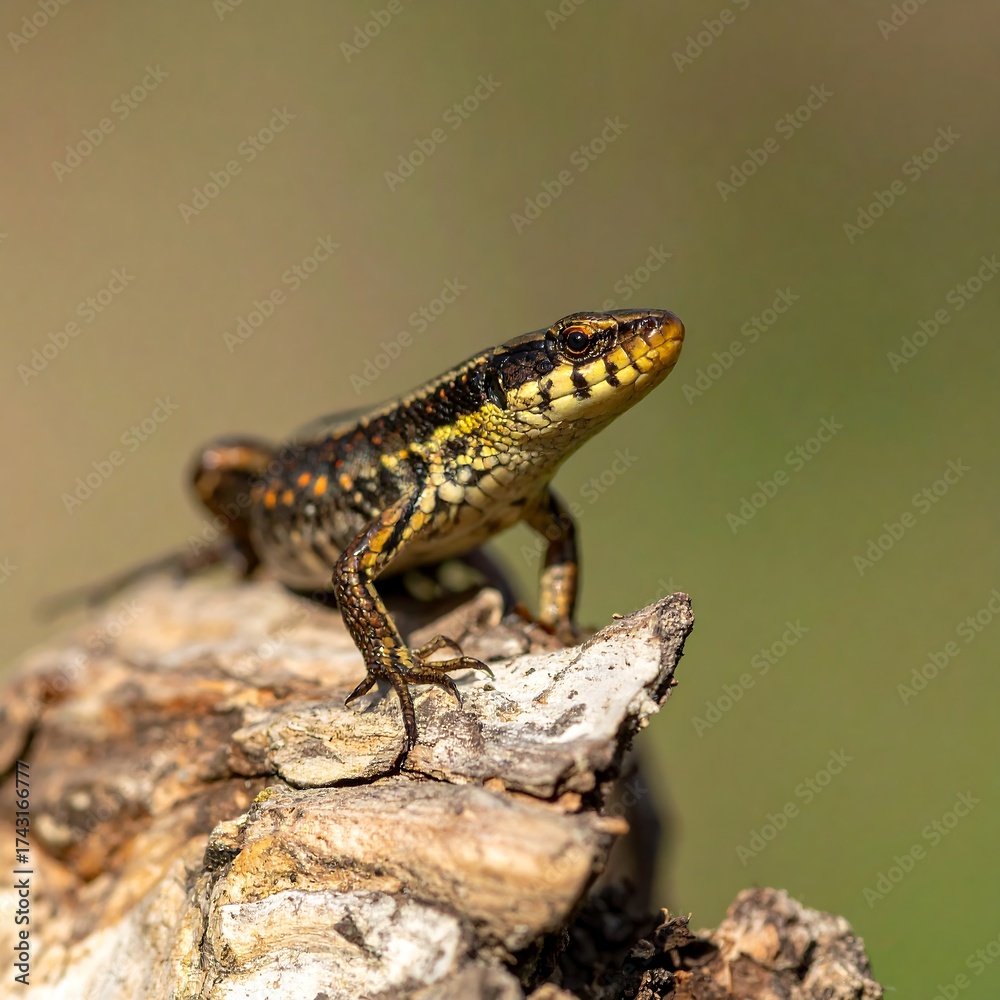 Fototapeta premium Small lizard perched on rough bark in warm sunlit