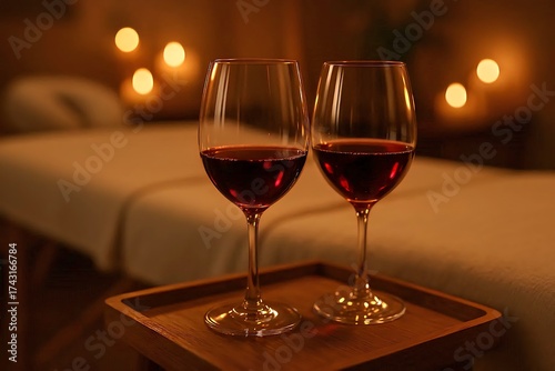 Close-up on two wine glasses half-filled with red wine, placed on a wooden tray beside a massage table.