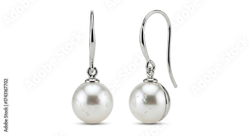 Two elegant drop earrings featuring polished silver-toned hooks and lustrous white spherical gems suspended against a stark white background
