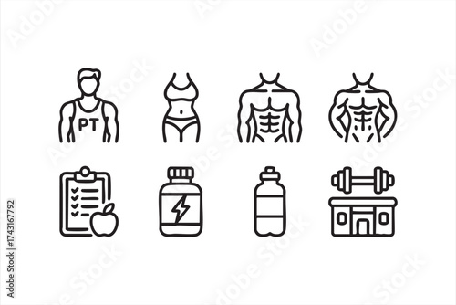 Nutrition supplement and gym building minimal icon set