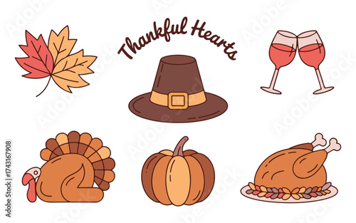 Collection of thanksgiving icons featuring turkey cornucopia pumpkin pie and gravy. Autumn thanksgiving day icons