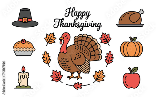 Collection of thanksgiving icons featuring turkey cornucopia pumpkin pie and gravy. Autumn thanksgiving day icons