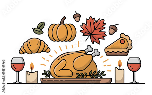 Collection of thanksgiving icons featuring turkey cornucopia pumpkin pie and gravy. Autumn thanksgiving day icons