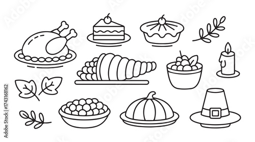 Thanksgiving line icon set. Thanksgiving line art food icon set