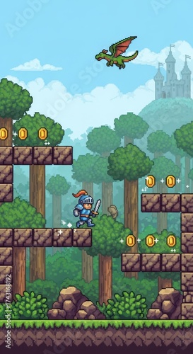 Pixel Art Adventure Game Scene with Knight and Dragon in Forest Castle Background.