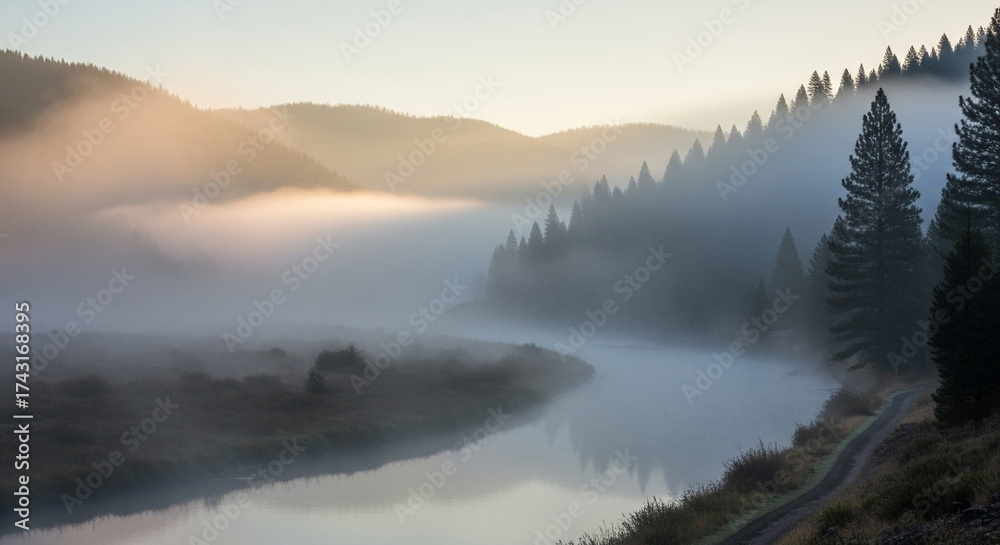 Fototapeta premium A tranquil river meanders through a misty valley at dawn, with fog blanketing the water and trees, creating a serene and peaceful landscape
