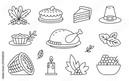 Thanksgiving line icon set. Thanksgiving line art food icon set