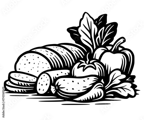 Fresh vegetables and bread composition. Black illustration with tomatoes, peppers, cucumber, lettuce, sliced bread. Perfect for healthy food, organic produce, farmers market, nutrition conce