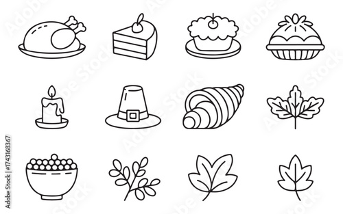 Thanksgiving line icon set. Thanksgiving line art food icon set