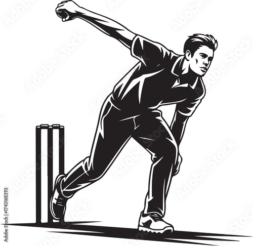 Dynamic cricket bowler action in black and white
