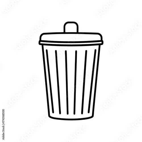 Illustration of a black and white trash can with a lid in outline style