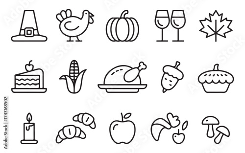 Thanksgiving line icon set. Thanksgiving line art food icon set