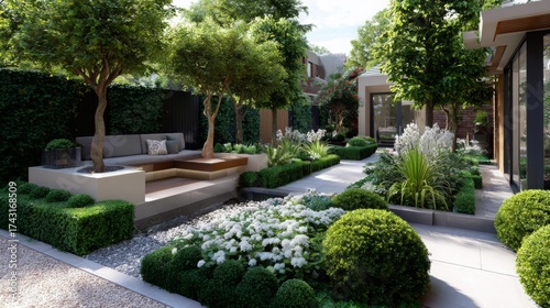 Stylish garden design featuring greenery, seating area, and pathways in a modern outdoor space during daylight